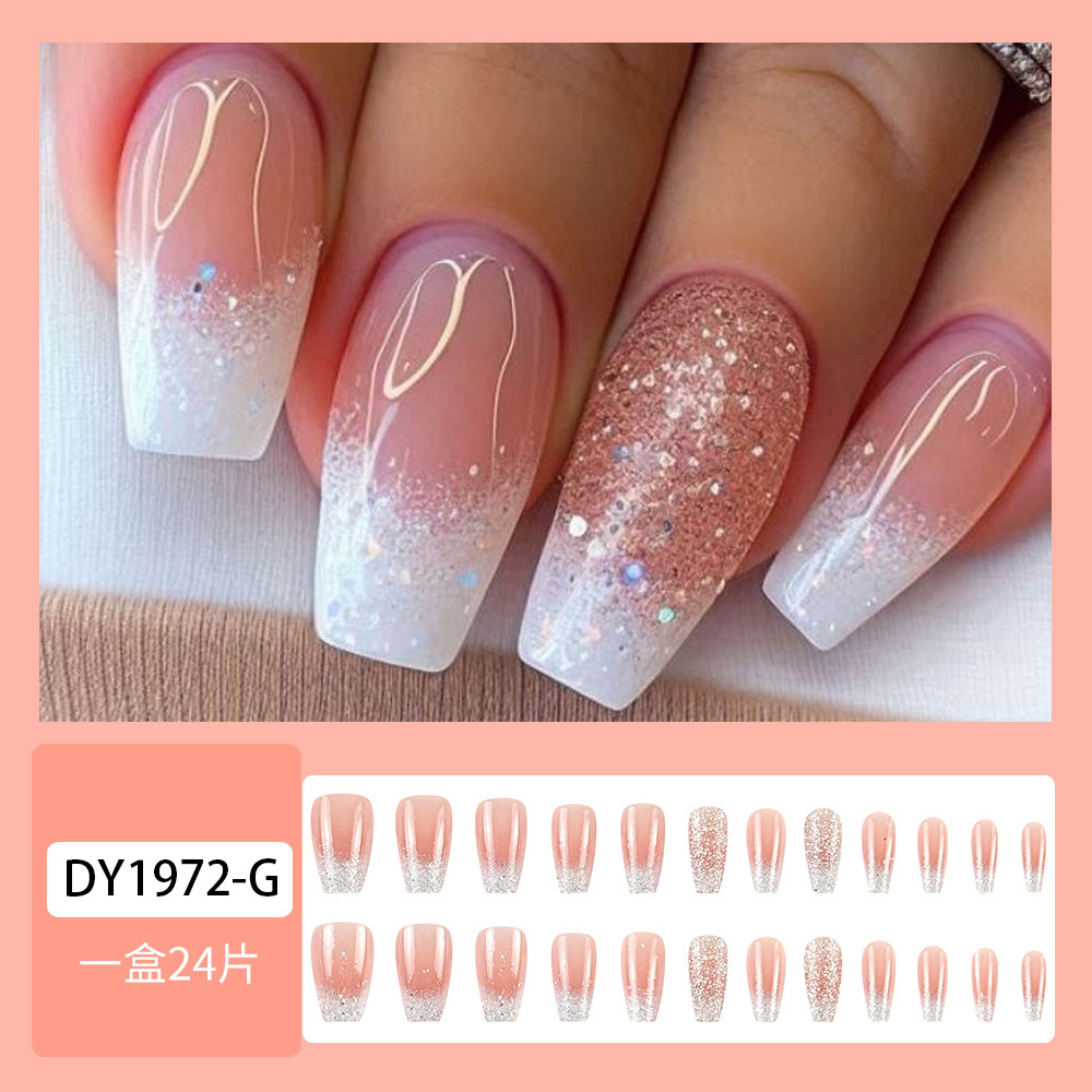 Hielo blanco transparente polvo desnudo parche de uñas oro rosa polvo brillante decoración ligera de lujo para usar uñas 24 piezas de uñas falsas