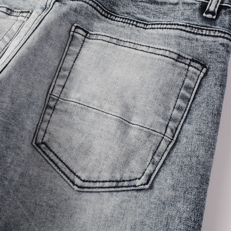 Vêtements pour hommes dans le même style moustaches de chat froissées patchwork noir trous en cuir élastique slim fit jeans skinny jeans_voghion.com