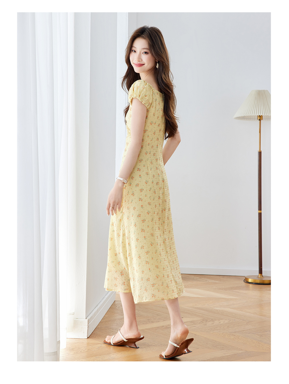 Đầm maxi nữ thắt eo cổ V họa tiết hoa nhí phong cách Pháp — màu vàng, màu đỏ chi tiết 17
