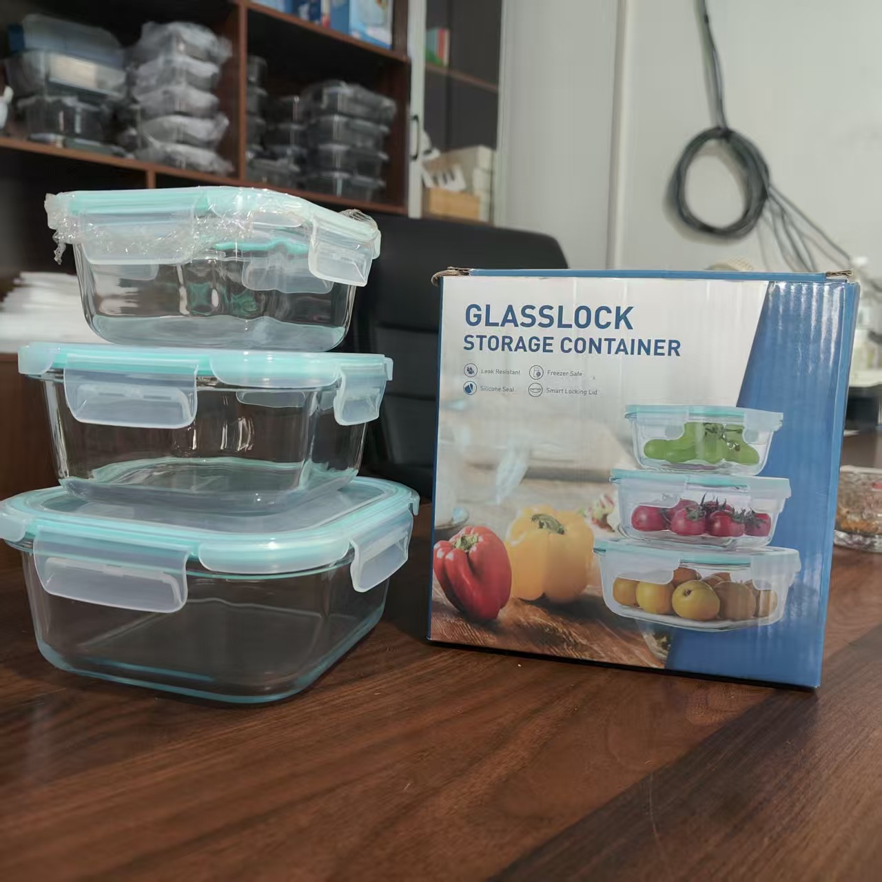 Fiambrera de vidrio resistente al calor set de tres piezas caja de regalo tazón apto para microondas bento con tapa sellada