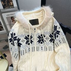 慵懒毛领连帽毛衣雪花秋季宽松费尔岛针织开衫外套上衣新款