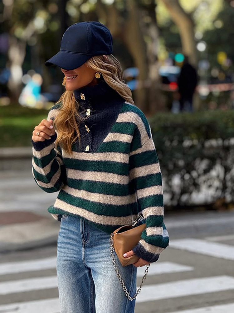 Moda universal rayas de cuello alto suéter de color contraste chaqueta mujer 2025 transfronteriza Europa y Estados Unidos otoño y invierno nuevo caliente