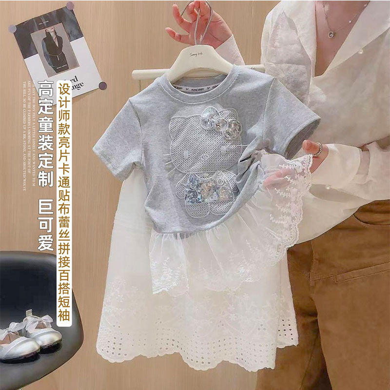 2026 Summer New Girls' Cartoon Hello Kitty Lace Short-Sleeve T-Shirt, Stylish Mesh Patchwork Top for Children