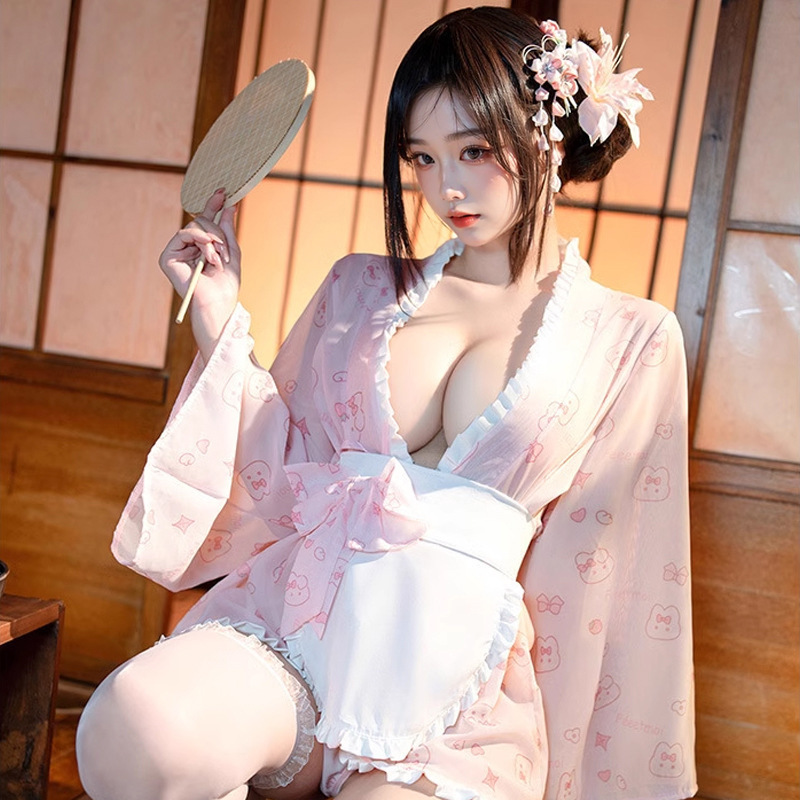Lencería sexy Leche Conejo Maid Uniform Salsa Japón lindo puro deseo Conejo estampado estilo japonés Camisón con lazo