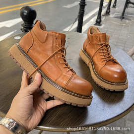 跨境马丁靴男真皮2025新款中帮休闲百搭工装靴潮流复古厚底耐磨靴