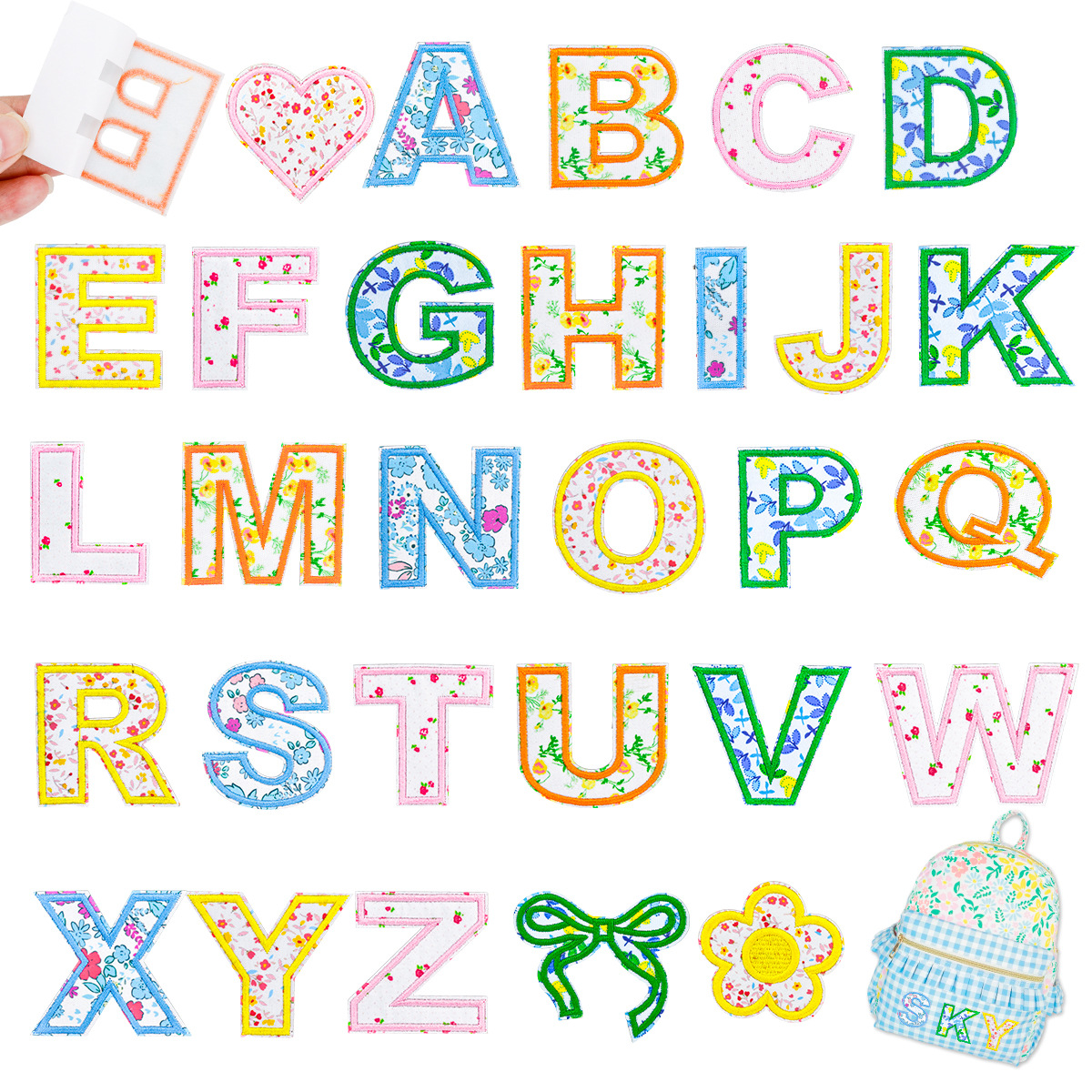 新款碎花26个英文字母刺绣贴服装背包补丁贴自粘免缝英文布贴标
