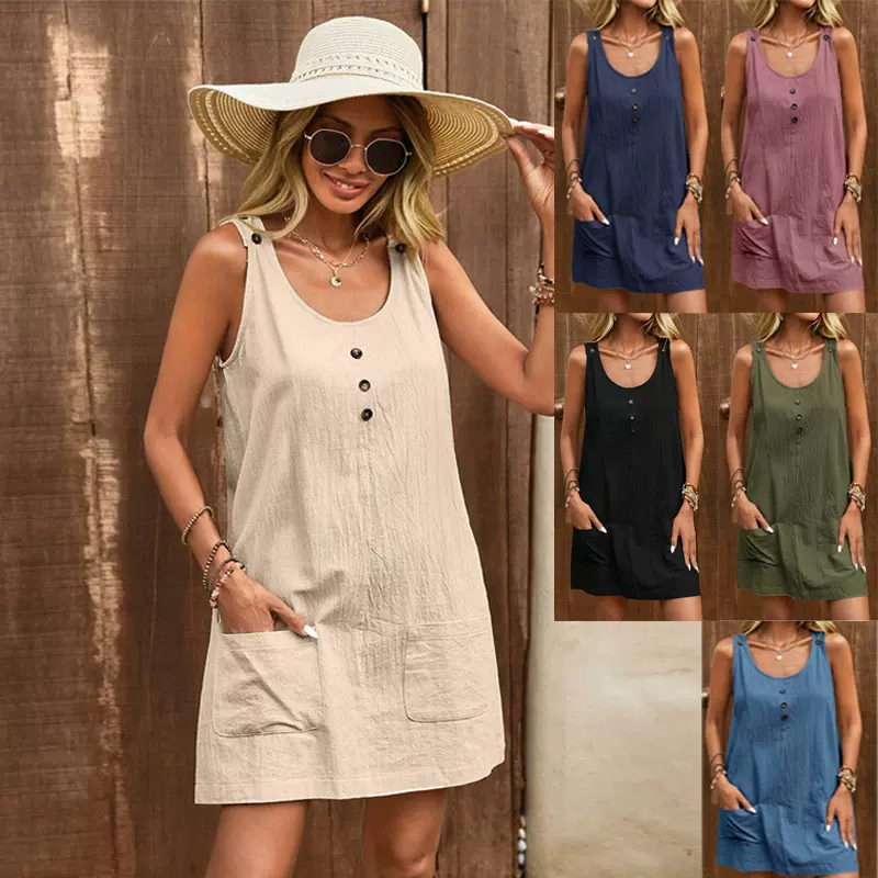 2025跨境速卖通热卖爆款 欧美夏季棉麻时尚百搭口袋纽扣连衣裙女