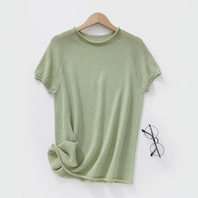 Imported Japanese Paper Yarn Rolled-Edge Round-Neck Knit Short-Sleeve Women's Seamless Integrated Raglan Sleeve Thin T-Shirt Versatile Top
