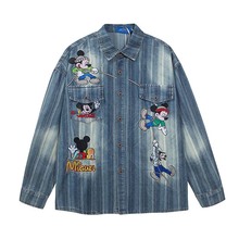 高街美式卡通动物重工刺绣牛仔长袖衬衫男装潮牌宽松水洗做旧衬衣
