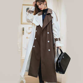 韩版气质休闲长款风衣女秋季新款拼接撞色双排扣过膝显瘦翻领外套