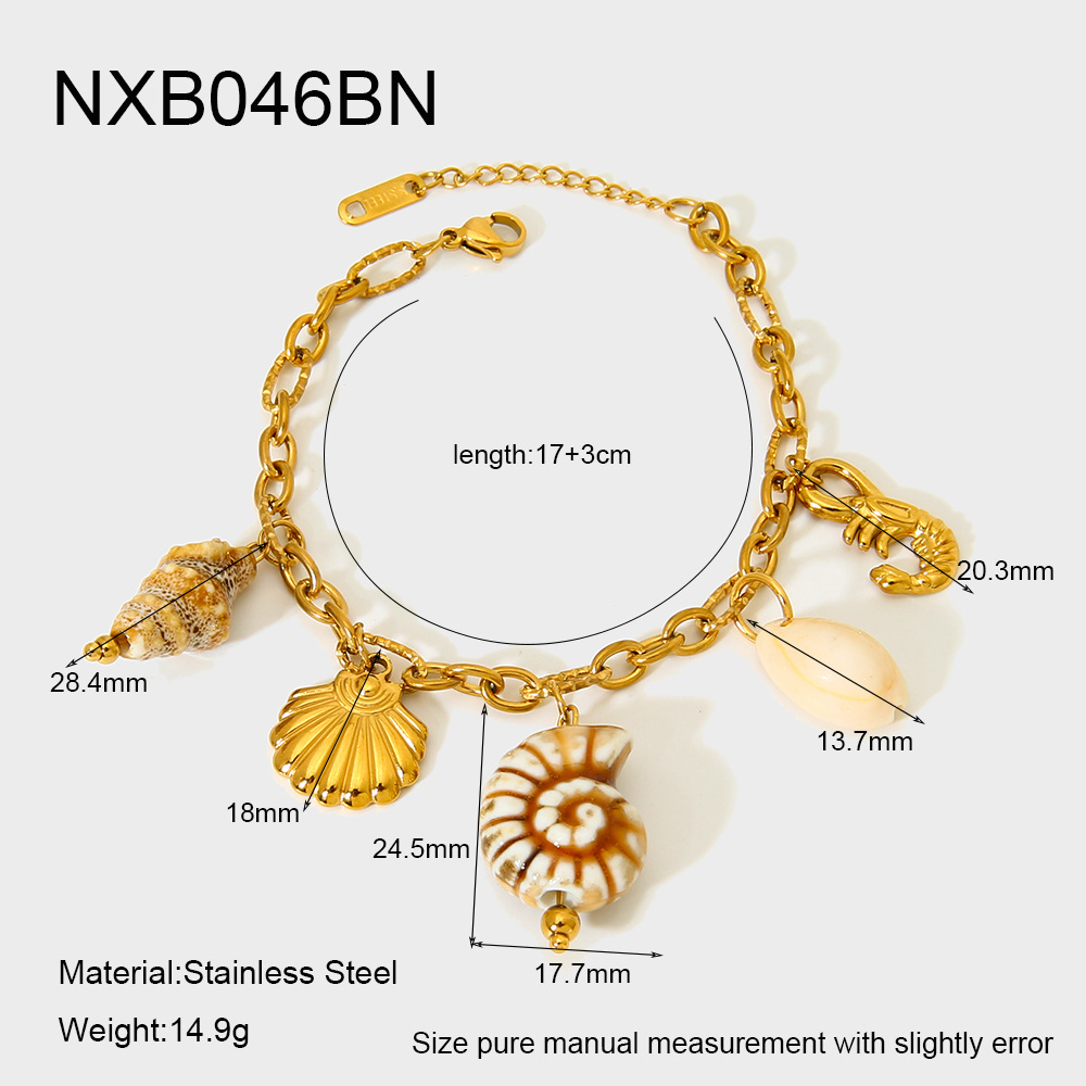 0.03µm-0.05µm Gold Plating Thickness Beach Sweet Starfish Conch Shell 304 Stainless Steel Ceramics Figaro Chain Multi Charms Bracelet In Bulk