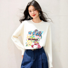 R9118原创设计感秋冬新款女装彩色刺绣花上衣长袖全毛羊毛针织衫