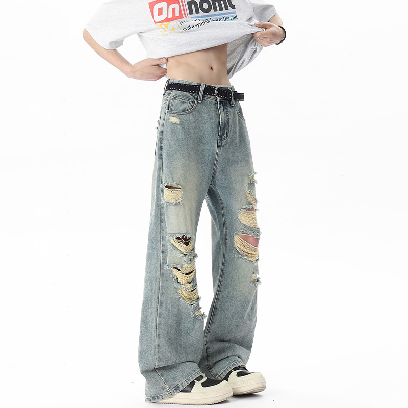 シャツ、アメリカンスタイルのリップドジーンズ、メンズ2025新作夏服、薄手、ハイストリート、ハンサム、ルーズ|undefined