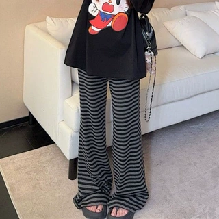 松紧腰抽绳条纹休闲裤女春秋韩版复古高腰垂感直筒阔腿裤遛弯裤潮