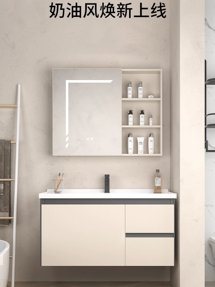 Estilo crema fabricante de gabinete de baño de aluminio espacio lavabo gabinete combinación lavabo fregadero mesa de lavado de cerámica cuenca integrada