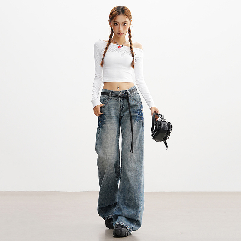 美式高街低腰牛仔裤女2025秋季新款设计感宽松阔腿显瘦直筒拖地裤|undefined