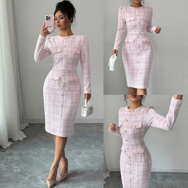 2026 New European and American Cross-Border Foreign Trade Women's Pink Slim-Fit Elegant Dress 2026 New European and American Cross-Border Foreign Trade Women's Pink Slim-Fit Elegant Dress