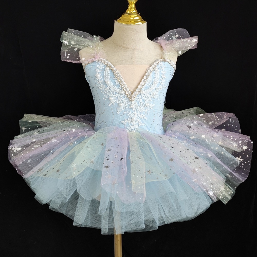 儿童六一舞蹈裙芭蕾女童小天鹅舞蹈服七彩幼儿园宝宝跳舞蓬蓬纱裙