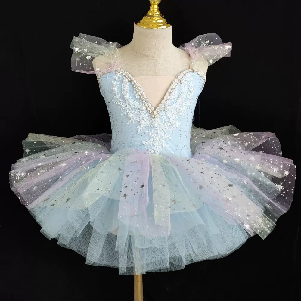 儿童六一舞蹈裙芭蕾女童小天鹅舞蹈服七彩幼儿园宝宝跳舞蓬蓬纱裙