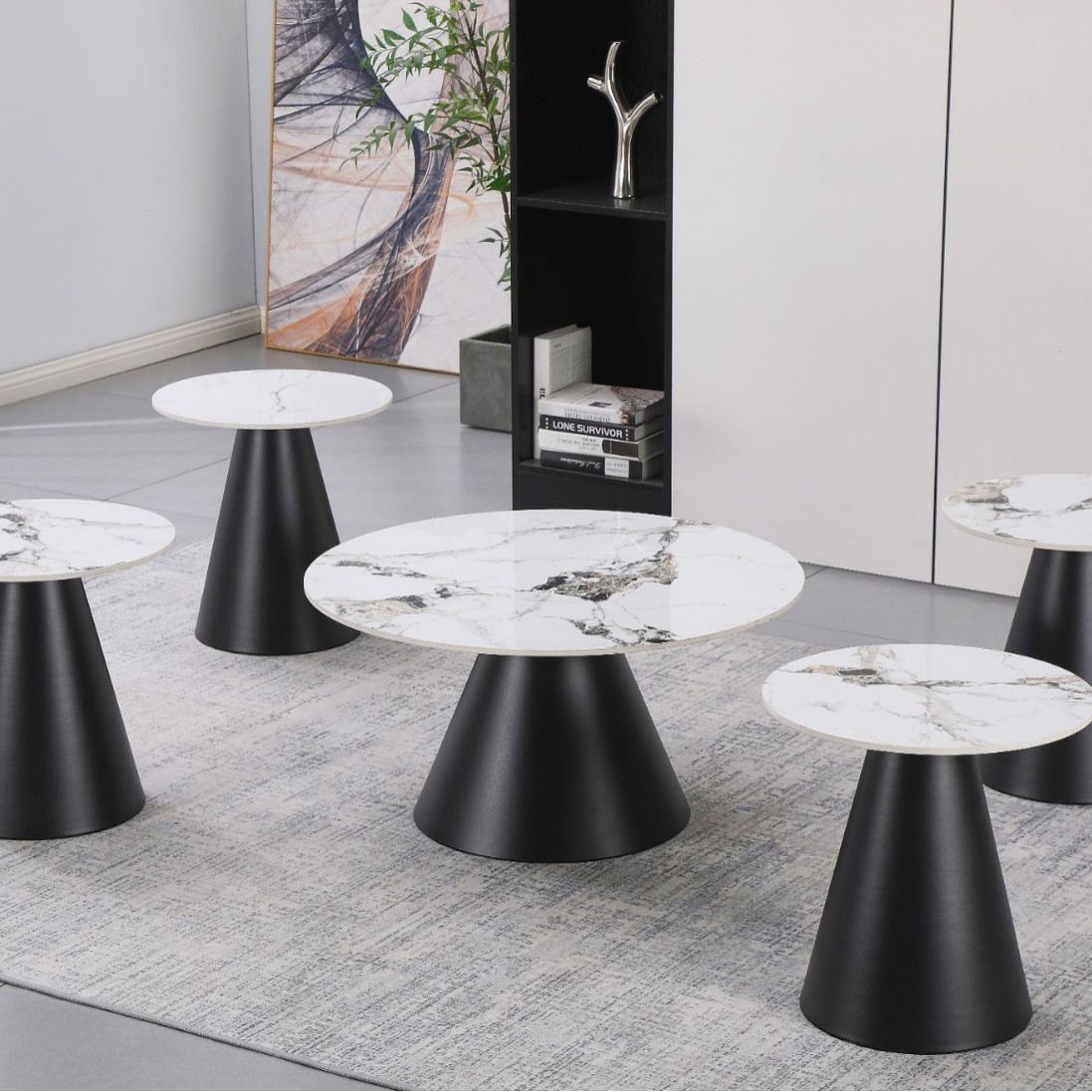 Italian-style, minimalist luxury round coffee table with a metal frame base, available in various sizes, suitable for small living rooms