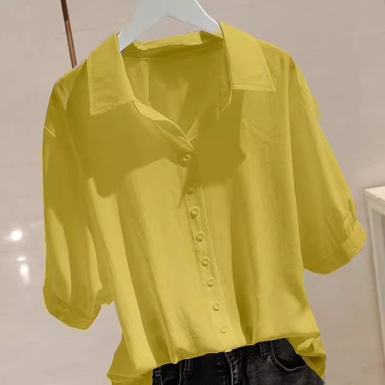 Solid Color Short-sleeved Ice Silk Shirt Women's Summer Thin plus size Loose Polo Collar Design Sense Small Casual Top