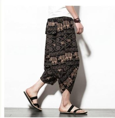 Venta al por mayor de fábrica pantalones de cáñamo de verano pantalones cortos para hombres pies sueltos pantalones de zanahoria pantalones harem de lino de algodón pantalones de flores de estilo étnico