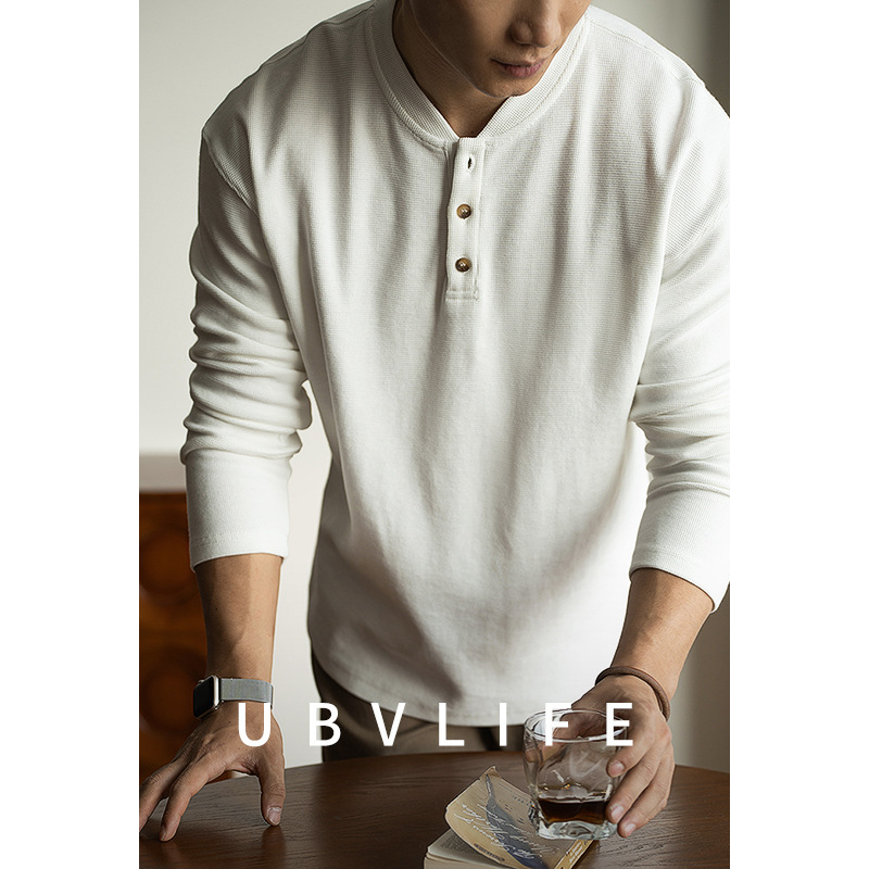 Japanese-Style Waffle Knit Baseball Collar Long-Sleeve T-Shirt for Men, 2026 Spring, Wrinkle-Resistant, Loose Fit, Casual Commuter Base Shirt