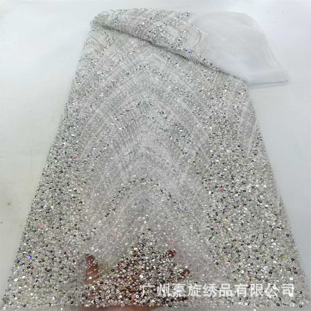 Doble V rayas de malla sequinilla tubo de cuentas bordado vestido de boda tela bordada cuentas suministro de stock de encaje