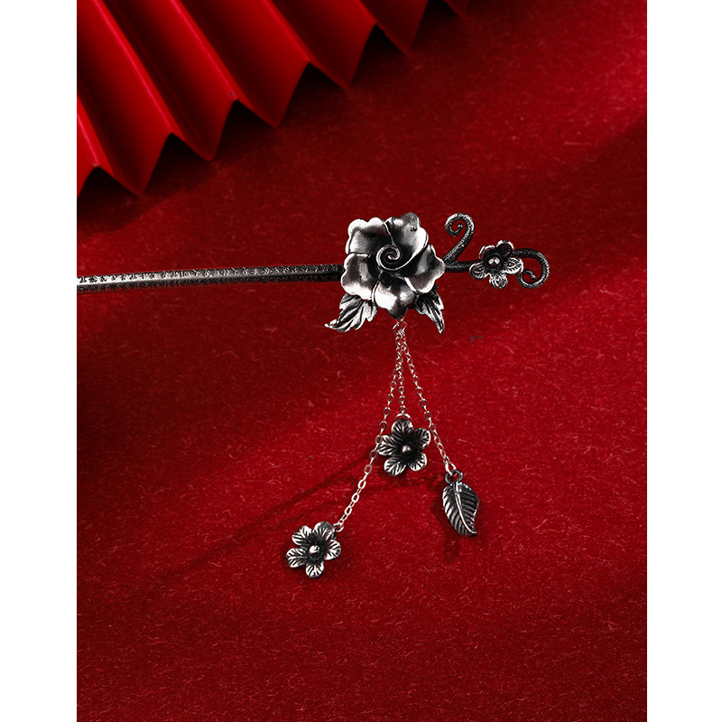 Plata de ley horquilla 999 plata pura estilo antiguo hanfu updo tocado horquilla flor borla accesorios para el cabello horquilla de plata para novia
