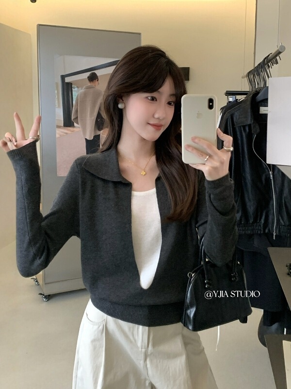 高级感假两件毛衣翻领设计感针织衫女秋新款修身显瘦百搭气质上衣|undefined