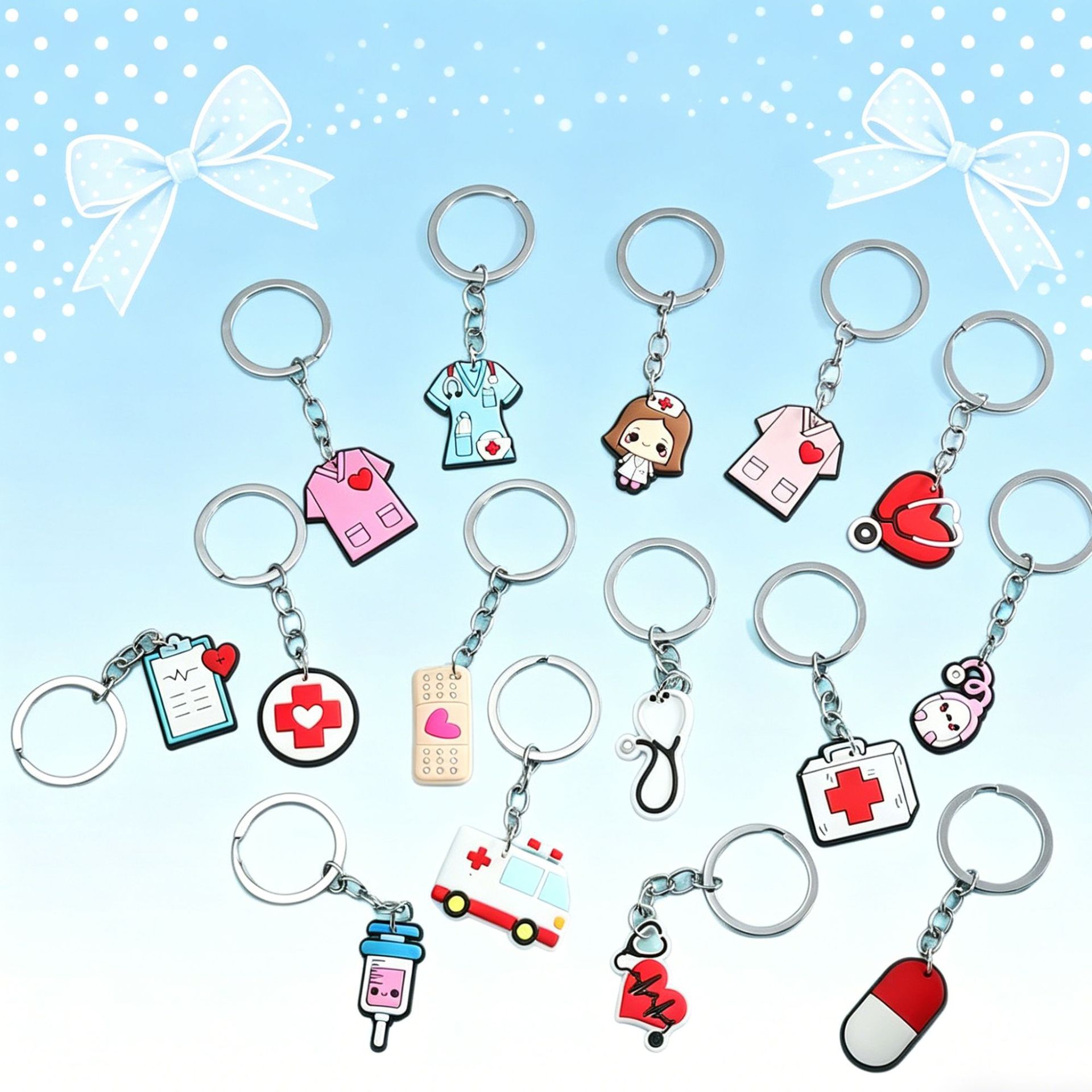 Medical keychain, single-sided soft rubber keyring, cartoon backpack pendant, creative school graduation souvenir keychain