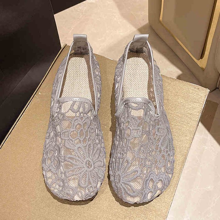 Zapatos de red finos de verano, lentejuelas de encaje para mujer, zapatos de boca baja, zapatos de tela viejos de Beijing huecos de lino, zapatos de frijoles estilo hada