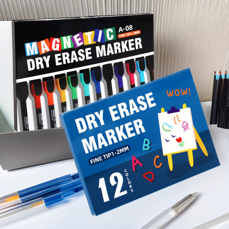Bolígrafo de pizarra al por mayor con cepillo magnético de oficina con 12 colores de gran capacidad limpiable y ecológico no tóxico