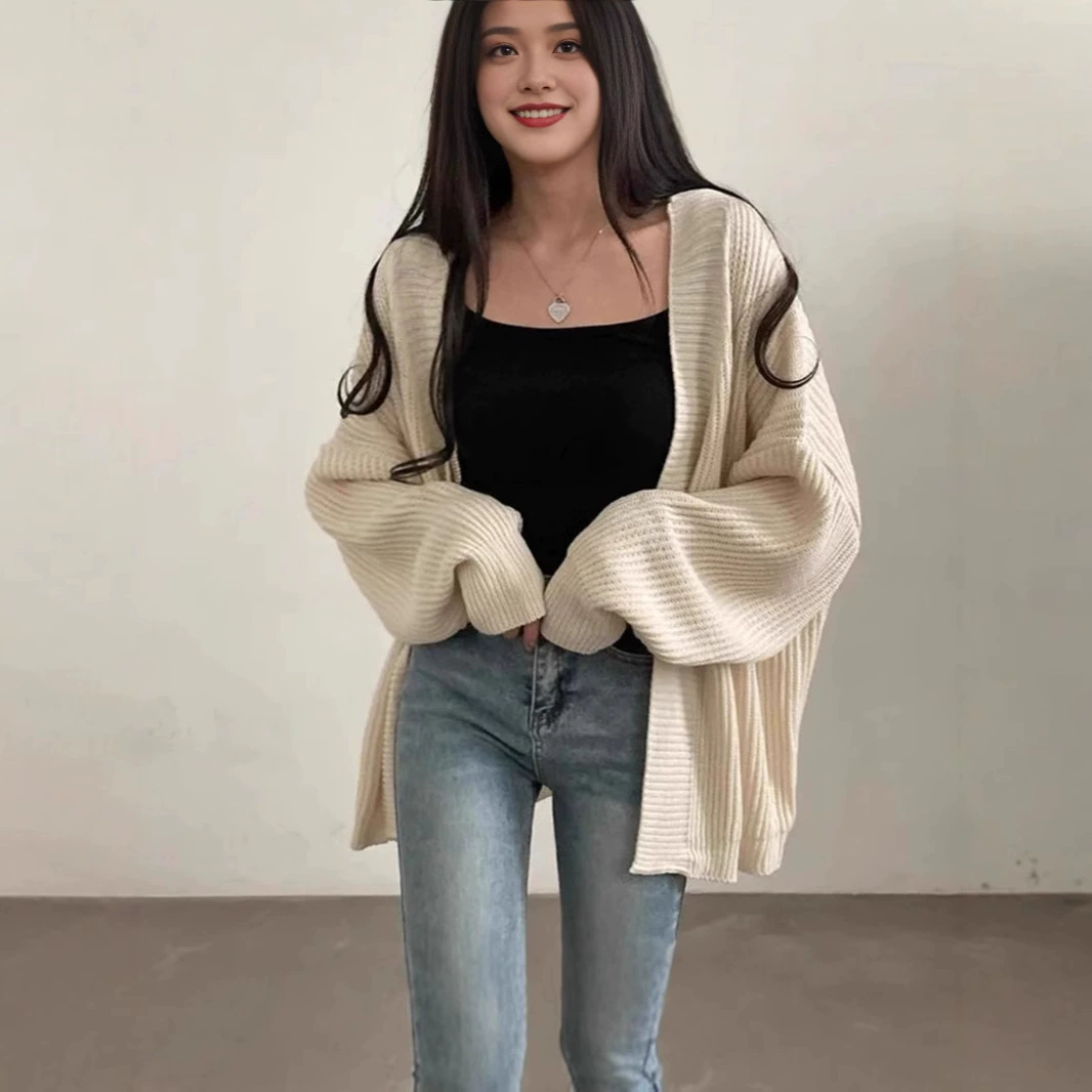 Корейский осенне-зимний простой однотонный свободный повседневный свитер средней длины, женский вязаный кардиган, ленивая куртка