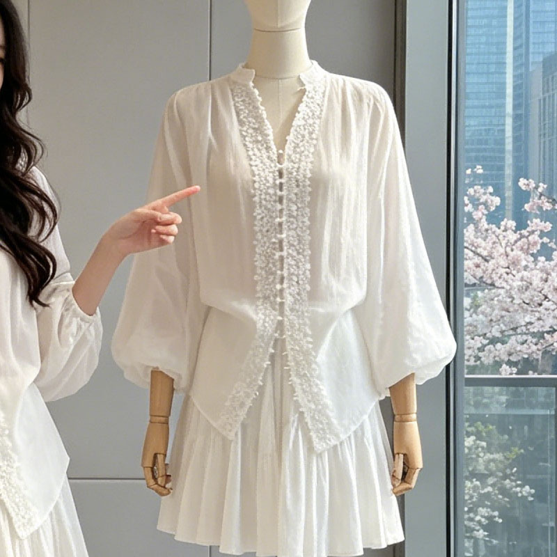 2026 Summer 100% Ramie A-Line White Stand Collar Shirt for Women, French Lace Patchwork Trim, Three-Quarter Sleeve Top 2026 Summer 100% Ramie A-Line White Stand Collar Shirt for Women, French Lace Patchwork Trim, Three-Quarter Sleeve Top