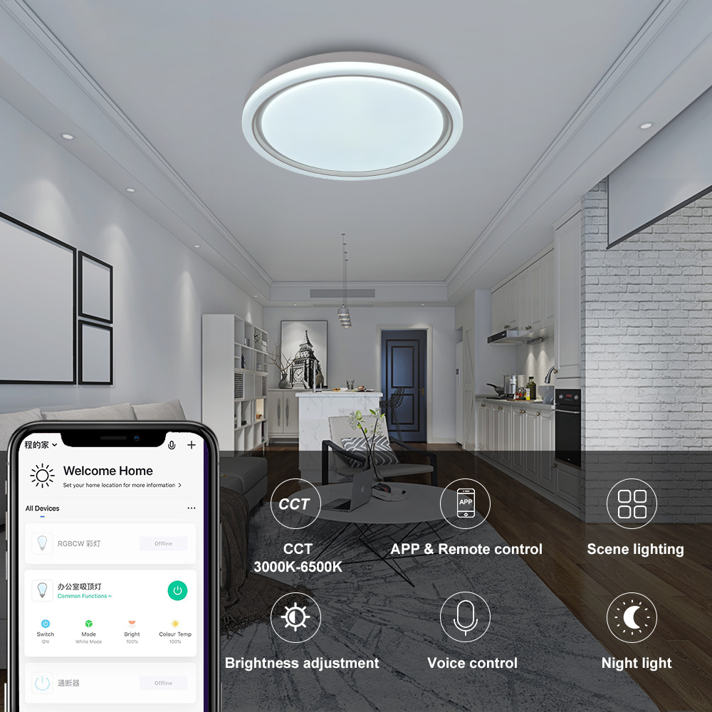WIFI涂鴉圓形RGB吸頂燈適用室內(nèi)燈飾照明簡約大氣LED臥室燈客廳燈