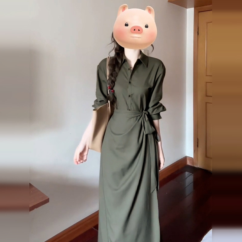 绿色领衬衫连衣裙子女开秋季浅秋系穿搭职业收腰气质长裙