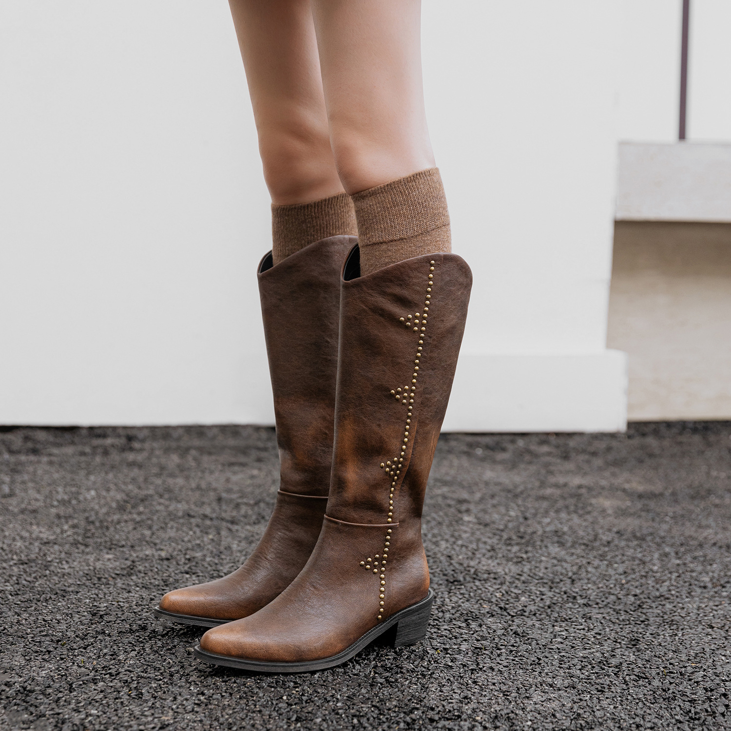 Retro denim brown high boots pointed-toe with studs