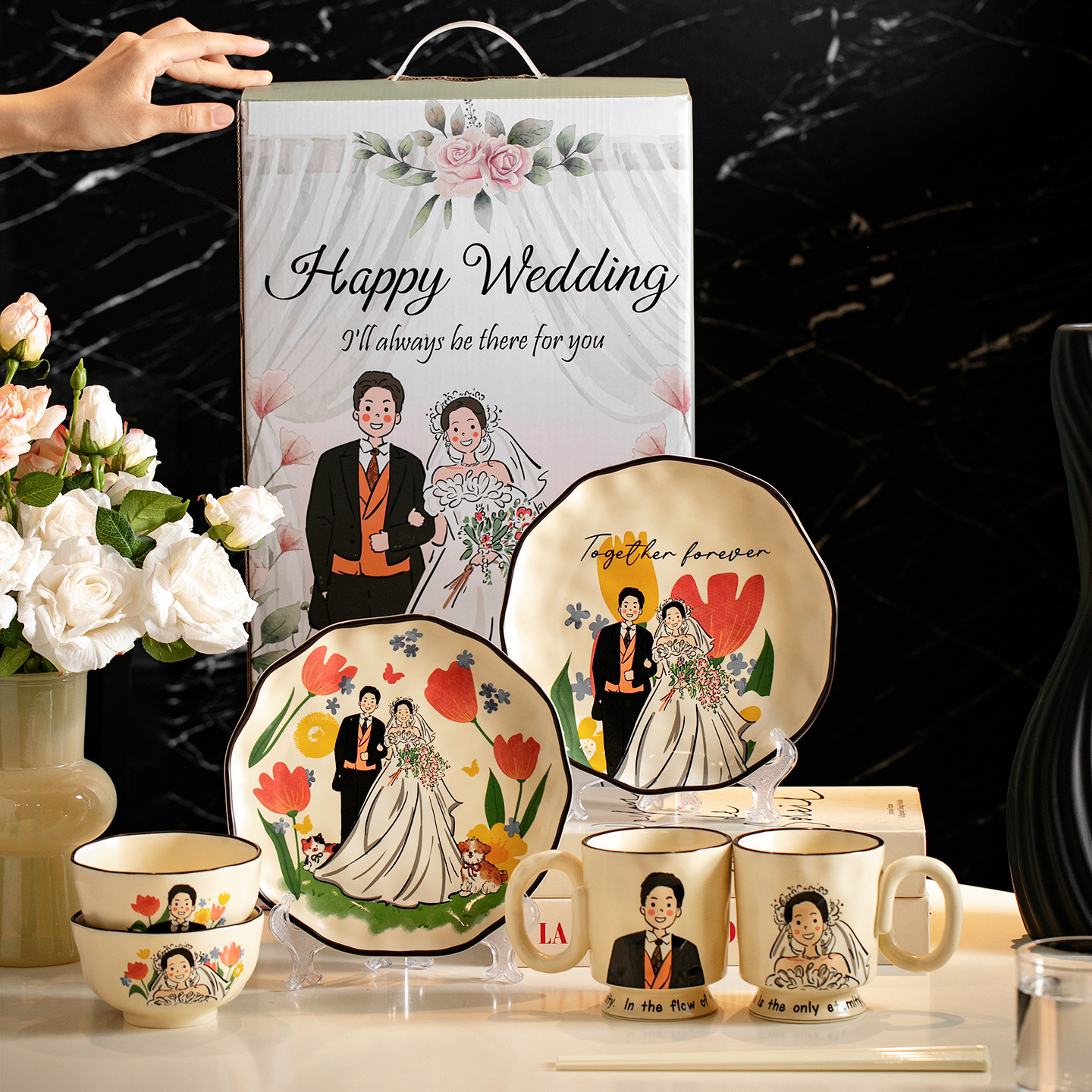 Shangn cerámica copas cubiertos matrimonio compromiso regalo de boda para la novia amigos novios conjuntos de platos prácticos