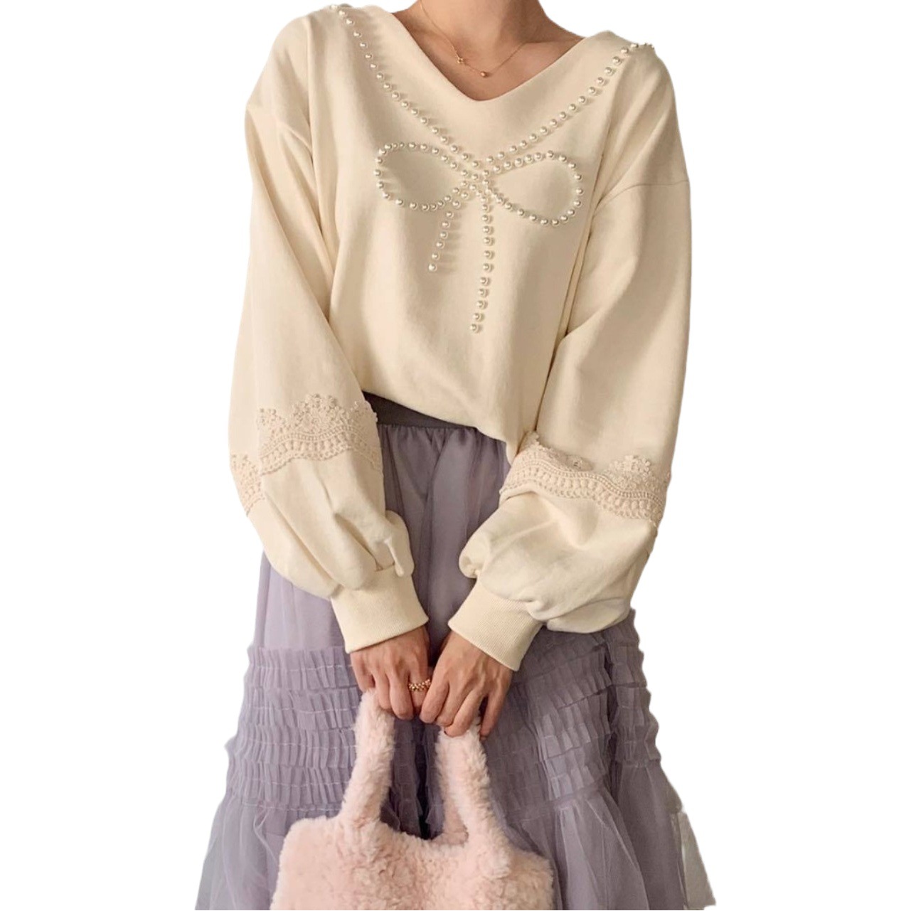 Sudadera coreana de otoño, nueva, estilo coreano, versátil, de moda, con encaje resistente, con cuentas y forro polar grueso.