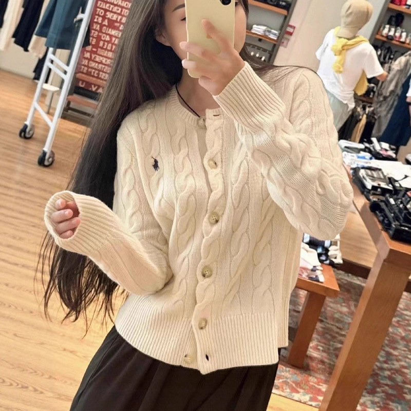 Casual Pony Logo Wool Sweater Women's 25 Autumn and Winter New Twist Cardigan Sweater Jacket