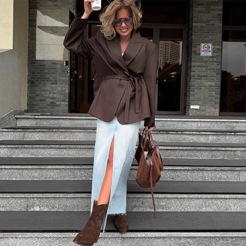 Women's Autumn Fashion Lace-Up Waist-Cinching Long-Sleeved Suit Jacket Casual Loose Top_ecoleips.com