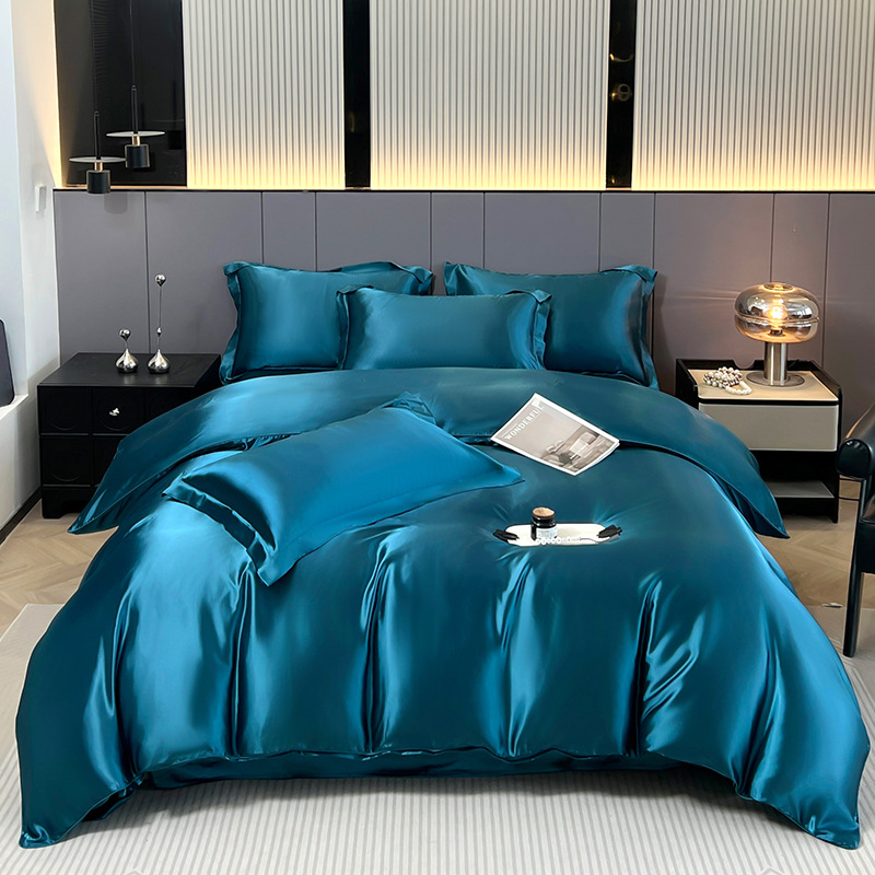 Washable Ice Silk Four-Piece Set, Imitation Silk Satin Fabric, Silky Smooth Bedding, Solid Color, Large Size, Cross-Border Home Textiles