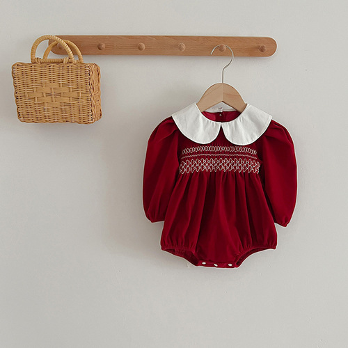 Girls' Dress with Doll Collar Red Baby Clothing for Girls Diaper Cover Triangular Climbing Suit Sister Set Spring and Autumn Style