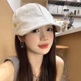 日系亚麻前进帽女大头围宽帽檐显脸小报童帽复古文艺风贝雷帽子潮