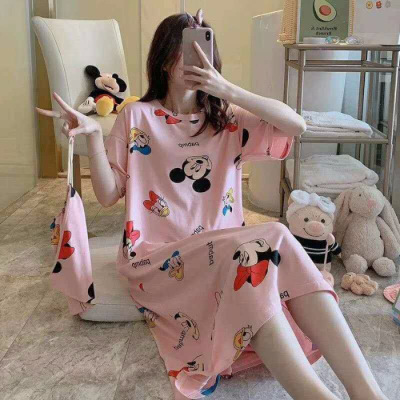 Camisón de las mujeres pijamas de verano Mediados de falda estilo princesa coreana fresca dulce suelta manga corta más tamaño vestido de una pieza con bolsa de tela