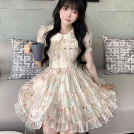 娃娃领碎花连衣裙女夏绝美温柔学生学院风少女收腰洛丽塔公主裙子