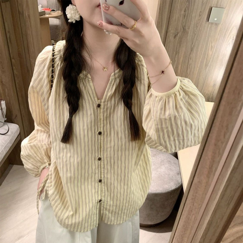 早秋日系双条纹港风衬衣长袖衬衫宽松复古上衣女洋气减龄百搭显瘦|undefined