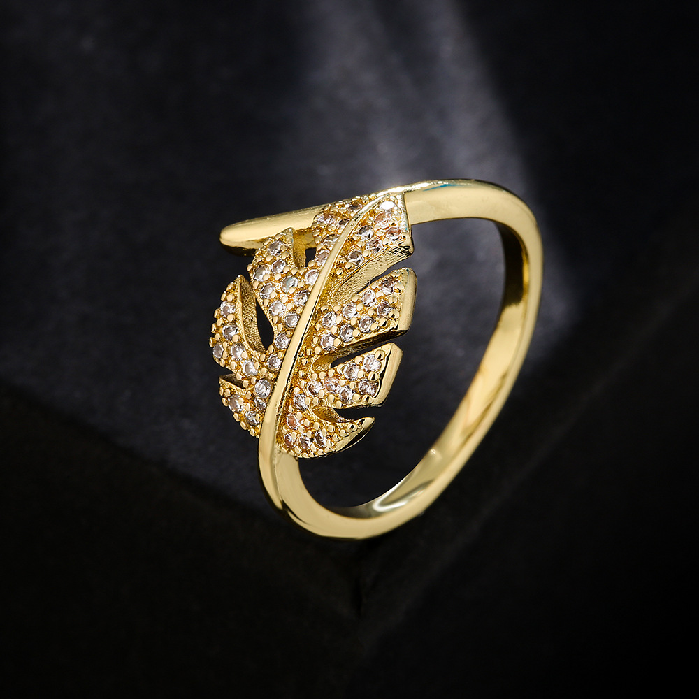 10g Weight Fashion Copper 18k Gold Zircon Leaf Geometric Shape Open Ring Female