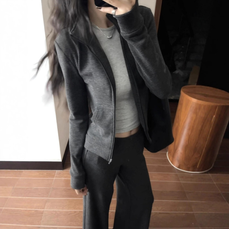 韩系气质休闲运动服套装女春秋修身显瘦半高领开衫卫衣长裤两件套|undefined